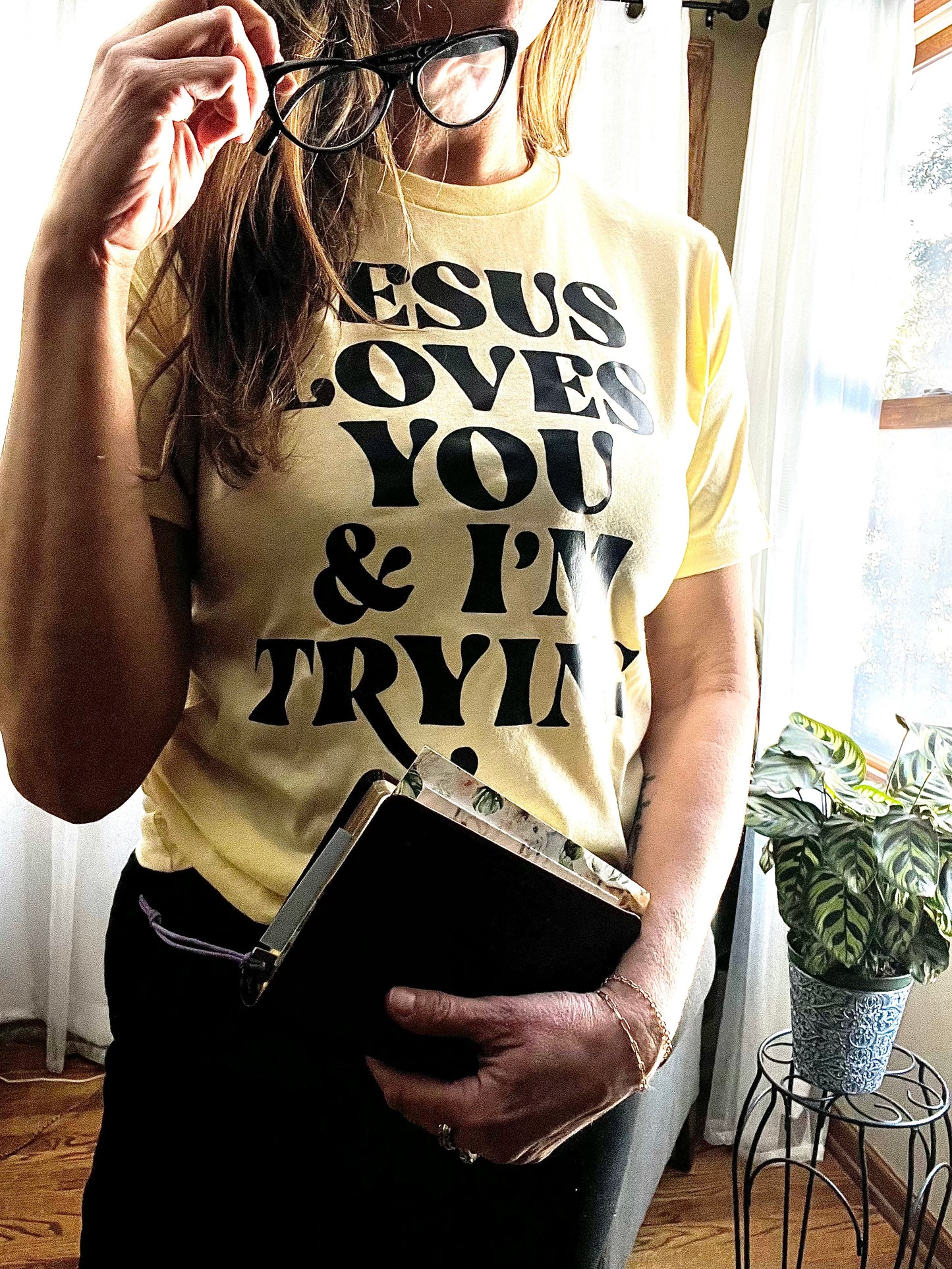 'Jesus Loves You, and I'm Trying'; Funny Faith Graphic Tee